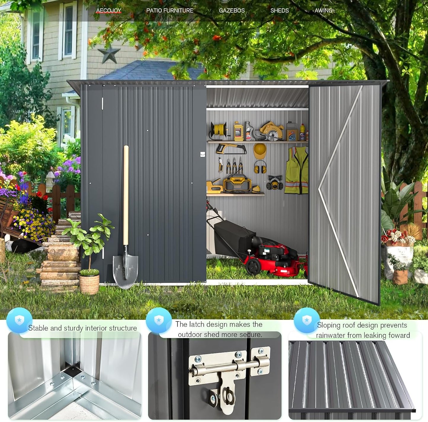 2.1X0.9M Garden Shed Storage, Outdoor Metal Lockable Bike Sheds Waterproof with Door for 2-3 Bikes,Galvanized Steel Tool Base Size (D96X W203X H141Cm)