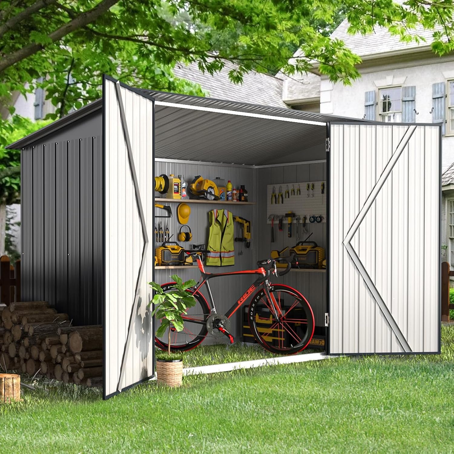 2.1X0.9M Garden Shed Storage, Outdoor Metal Lockable Bike Sheds Waterproof with Door for 2-3 Bikes,Galvanized Steel Tool Base Size (D96X W203X H141Cm)