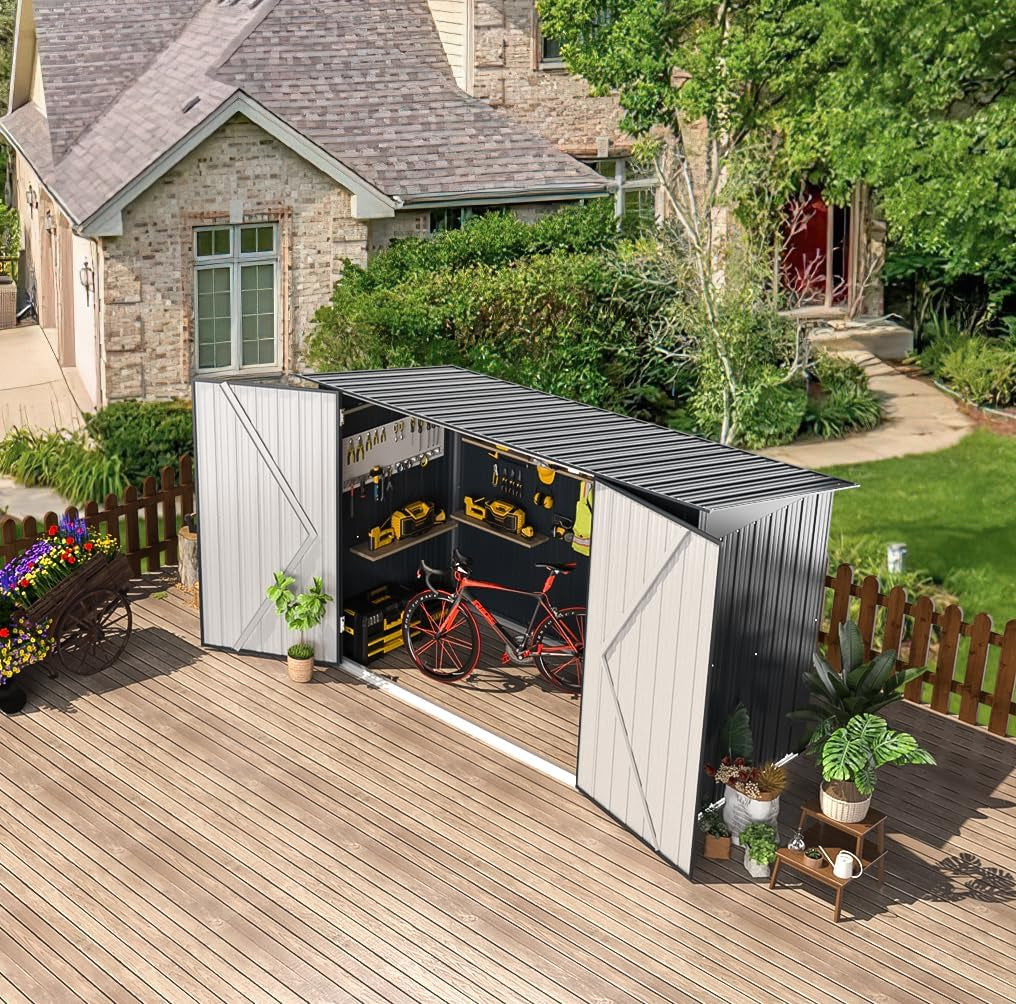 2.1X0.9M Garden Shed Storage, Outdoor Metal Lockable Bike Sheds Waterproof with Door for 2-3 Bikes,Galvanized Steel Tool Base Size (D96X W203X H141Cm)