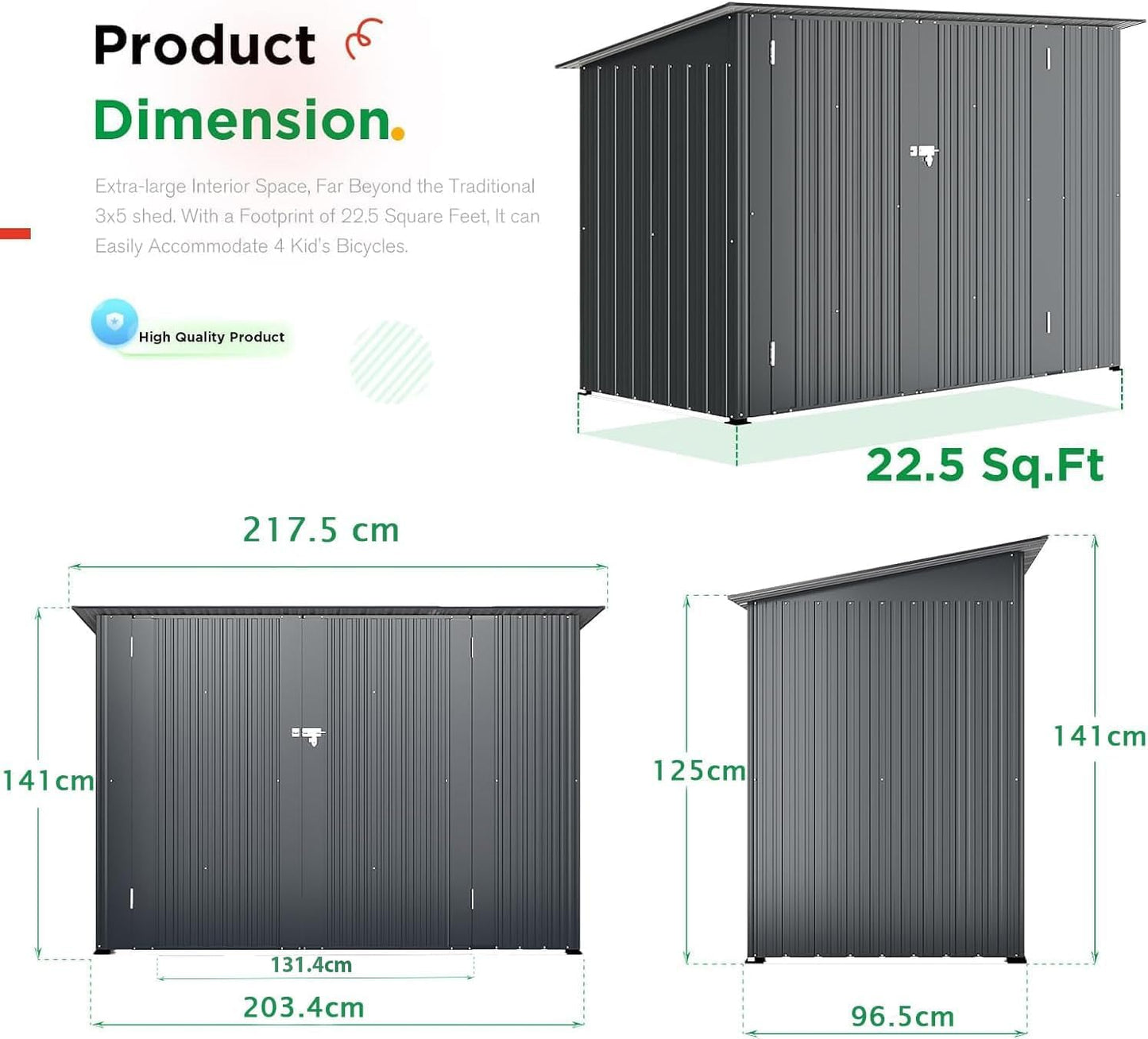 2.1X0.9M Garden Shed Storage, Outdoor Metal Lockable Bike Sheds Waterproof with Door for 2-3 Bikes,Galvanized Steel Tool Base Size (D96X W203X H141Cm)